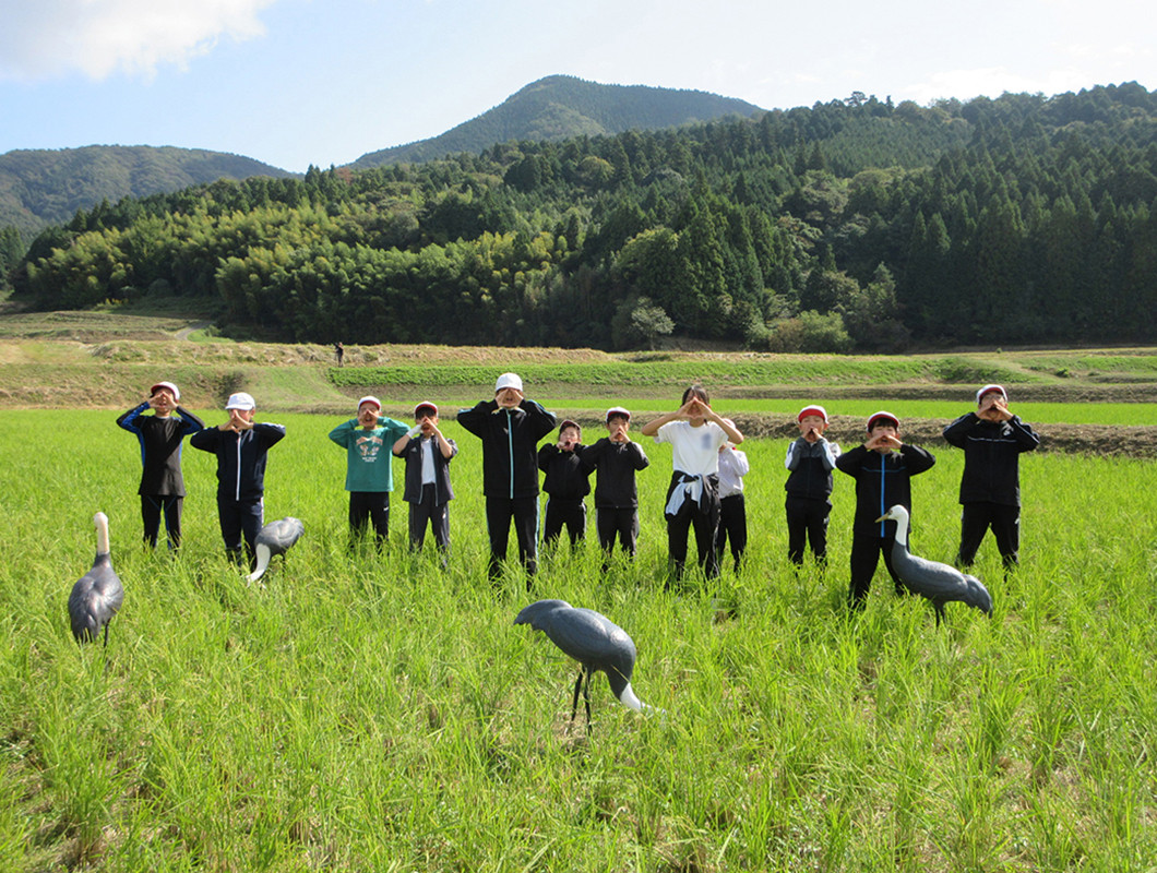 地域の方と一緒にデコイを設置し「つる来いコール」